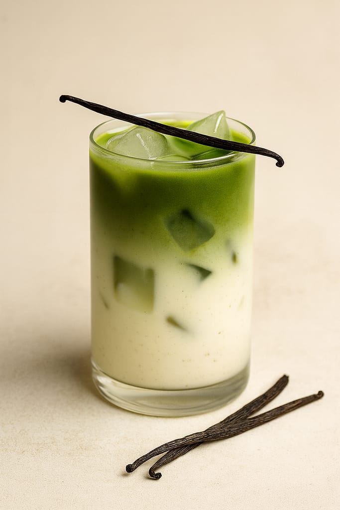 Iced vanilla matcha latte in a clear glass with creamy milk and vibrant green matcha swirls, served over ice with matcha powder and vanilla accents on a soft neutral background.