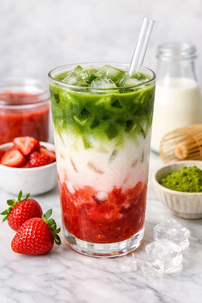 Iced Strawberry Matcha Latte layered with fresh strawberry puree and creamy matcha over ice