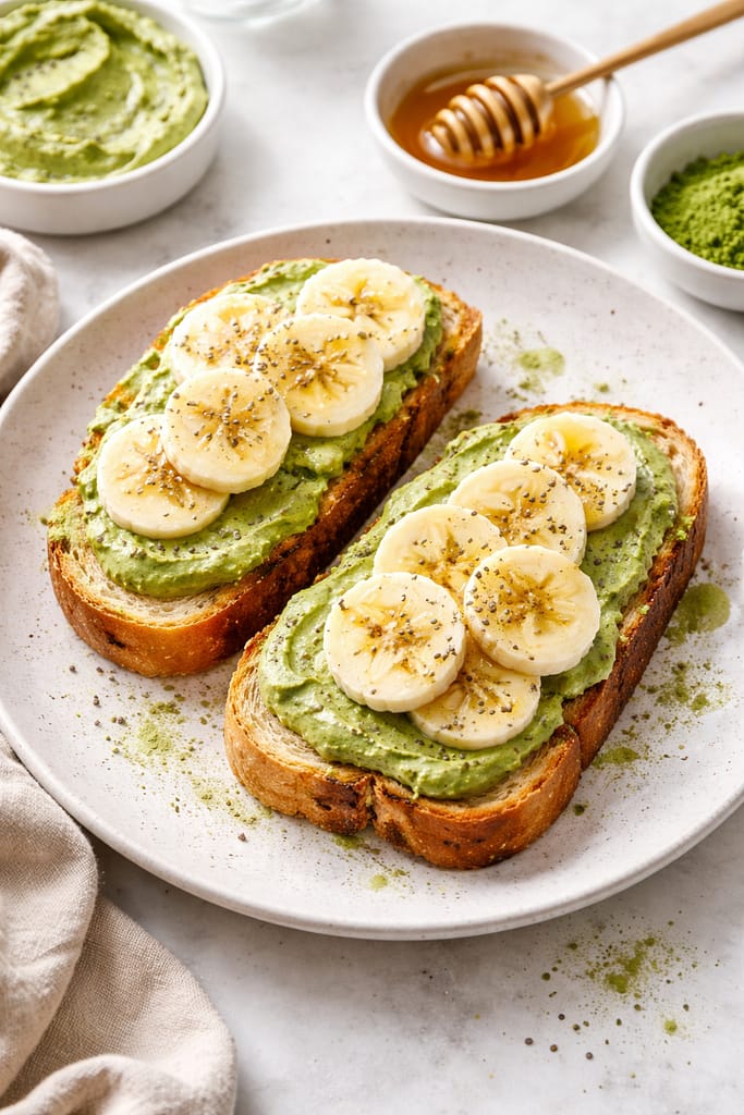Matcha banana toast topped with creamy green tea spread, fresh banana slices, and a honey drizzle on golden toasted bread