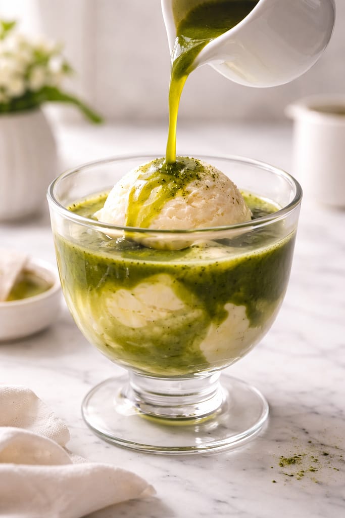 Creamy matcha affogato with warm matcha poured over vanilla ice cream in a clear glass
