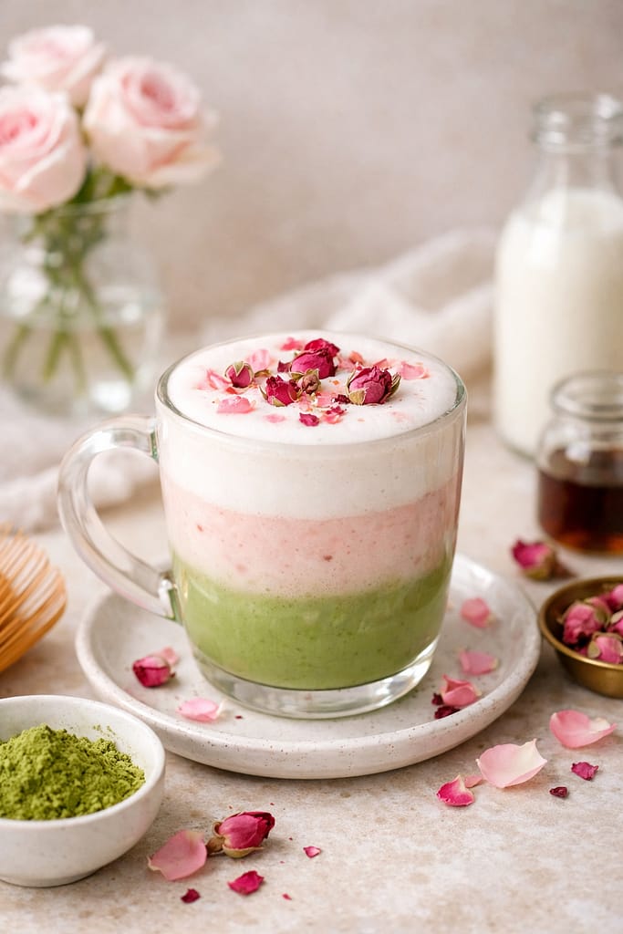 Vanilla rose matcha latte with creamy foam and soft floral tones, served in a ceramic mug