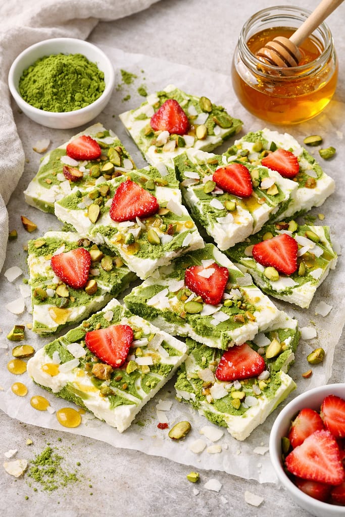 Matcha yogurt bark with honey topped with strawberries, pistachios, and coconut flakes on parchment paper.