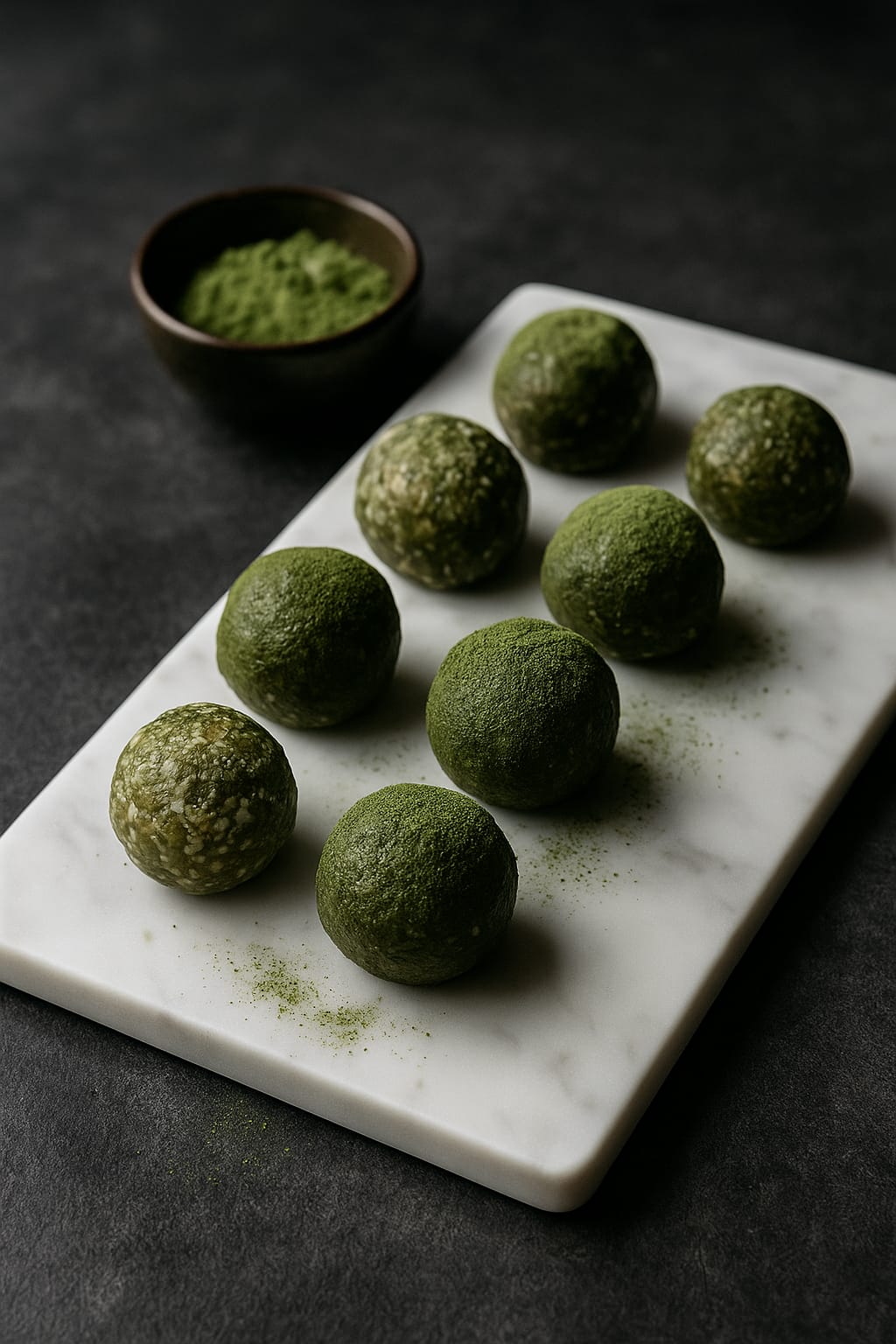 No-bake matcha energy bites with oats arranged on a parchment-lined tray