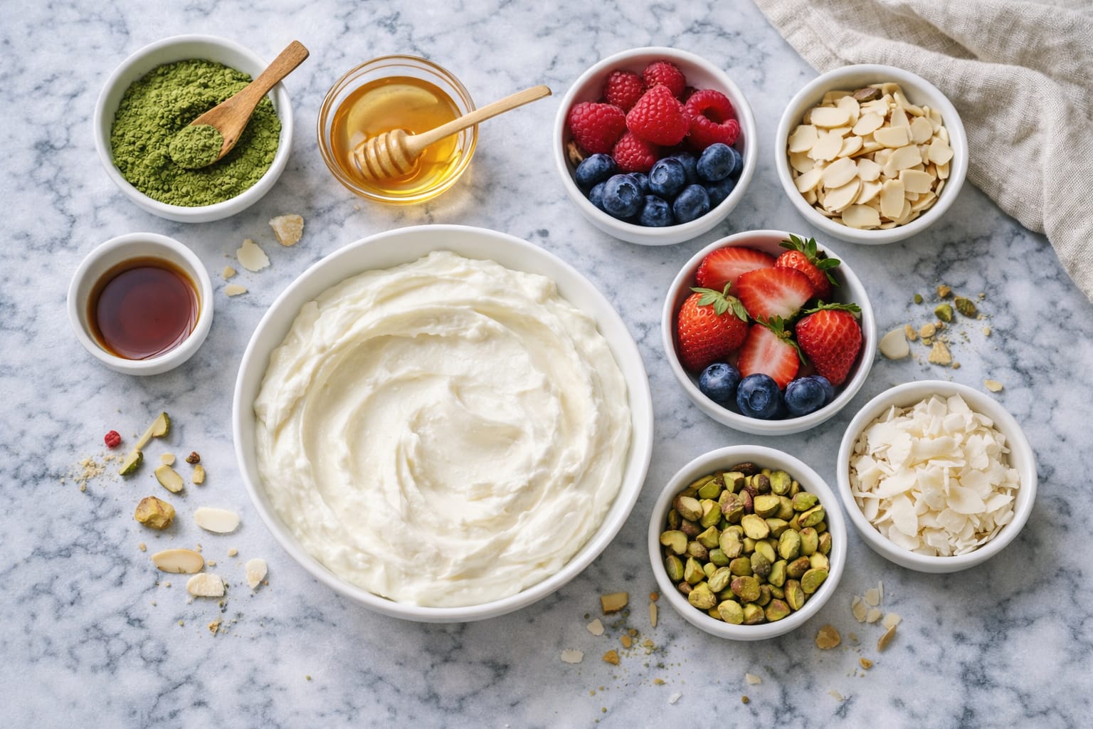 Ingredients for matcha yogurt bark including Greek yogurt, matcha powder, honey, berries, and nuts