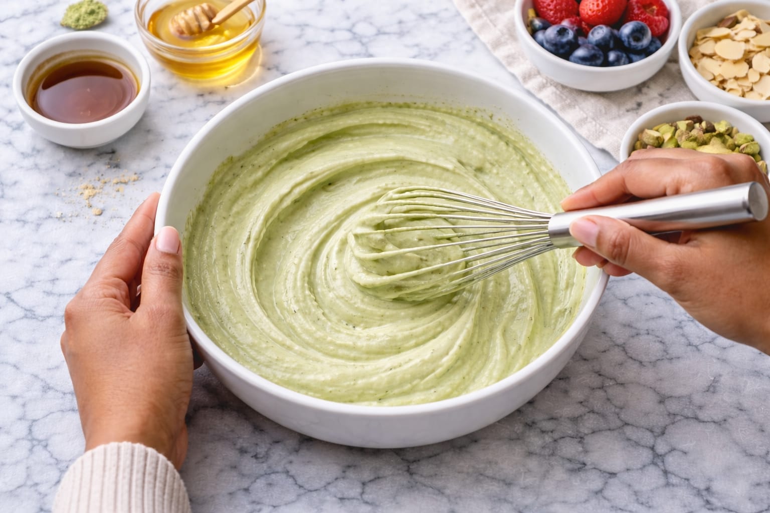 Whisking yogurt with matcha and honey for matcha yogurt bark