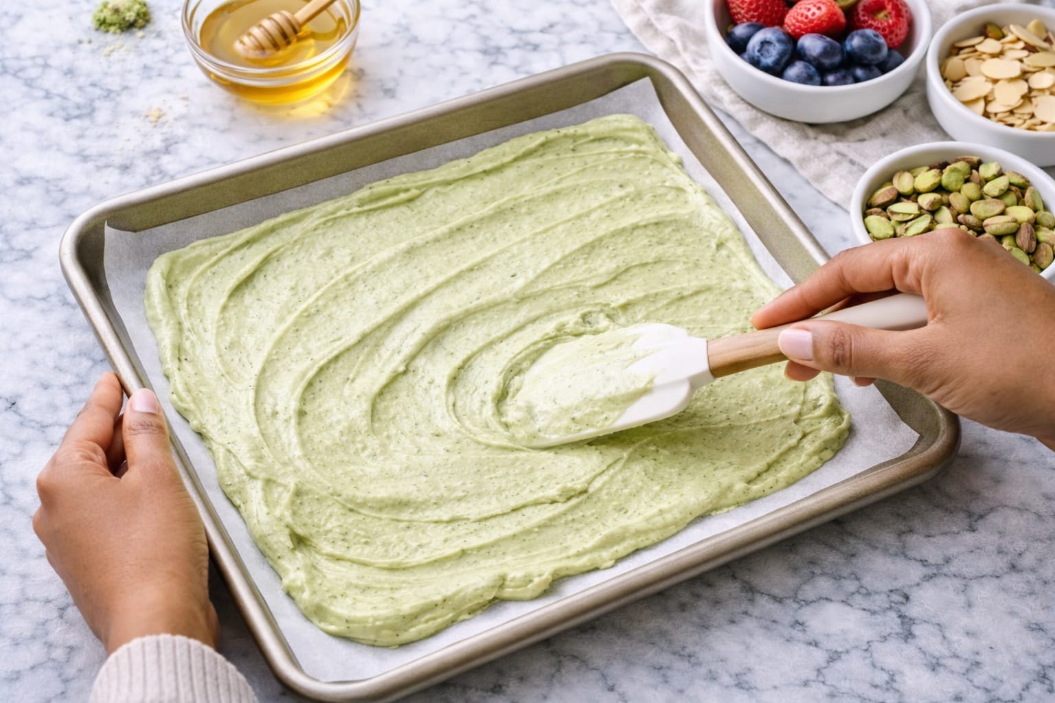 Spreading matcha yogurt mixture into an even layer on parchment paper