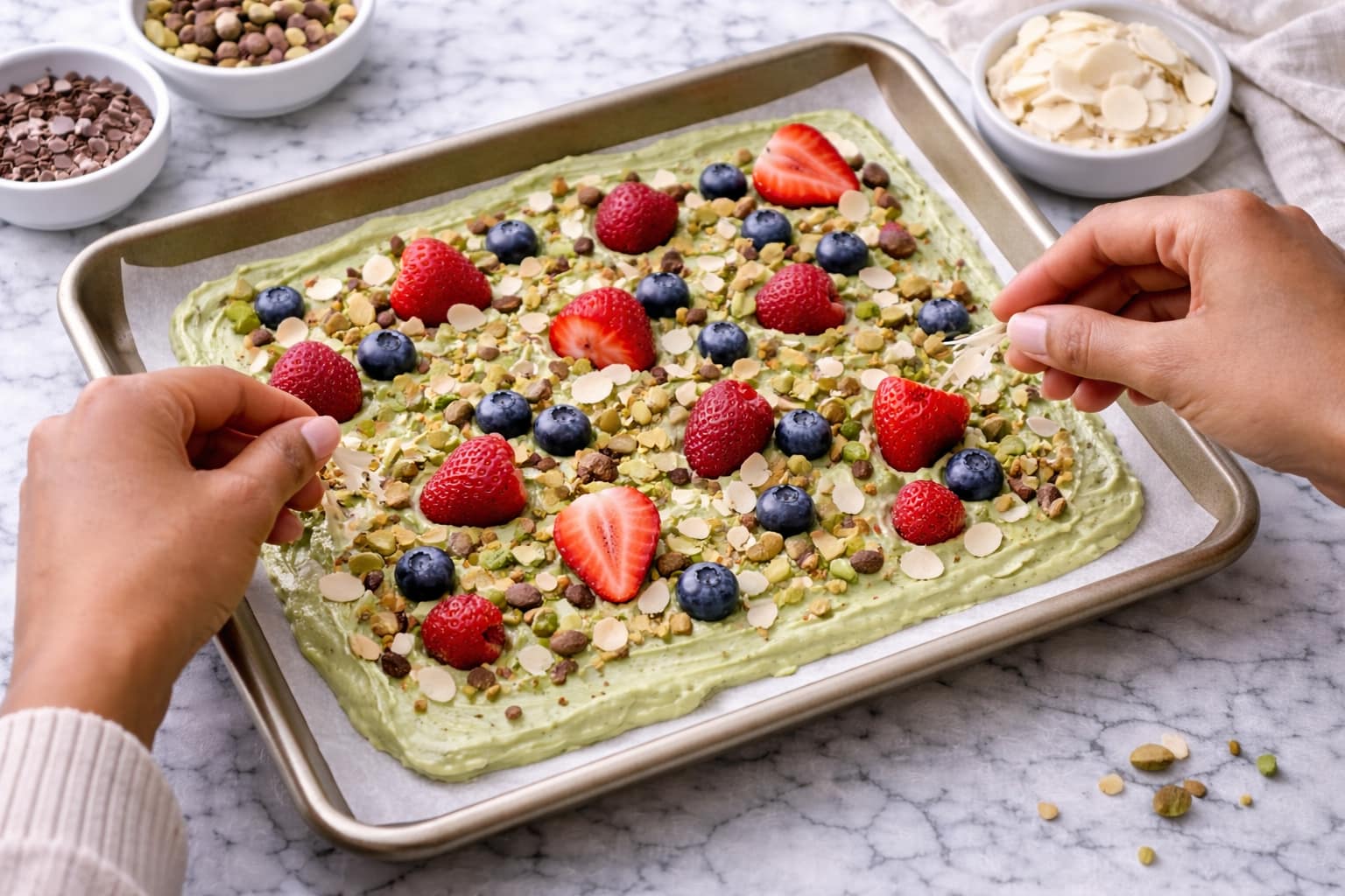 Adding toppings to matcha yogurt bark before freezing