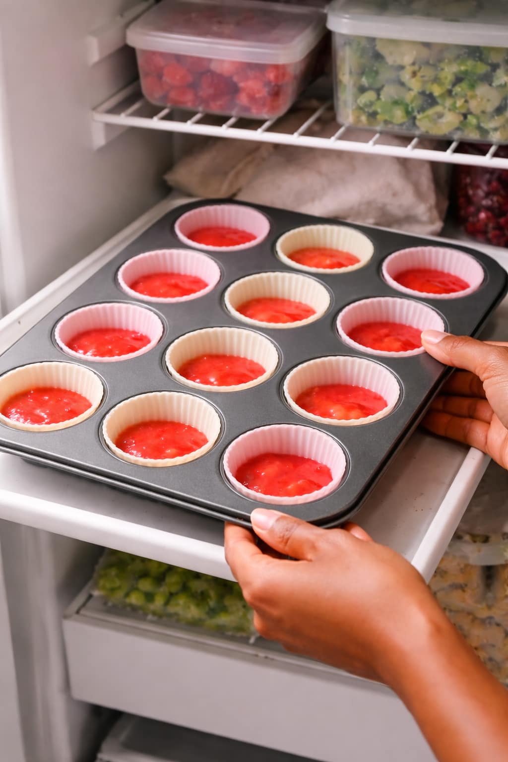 Freezing strawberry layer before adding matcha filling