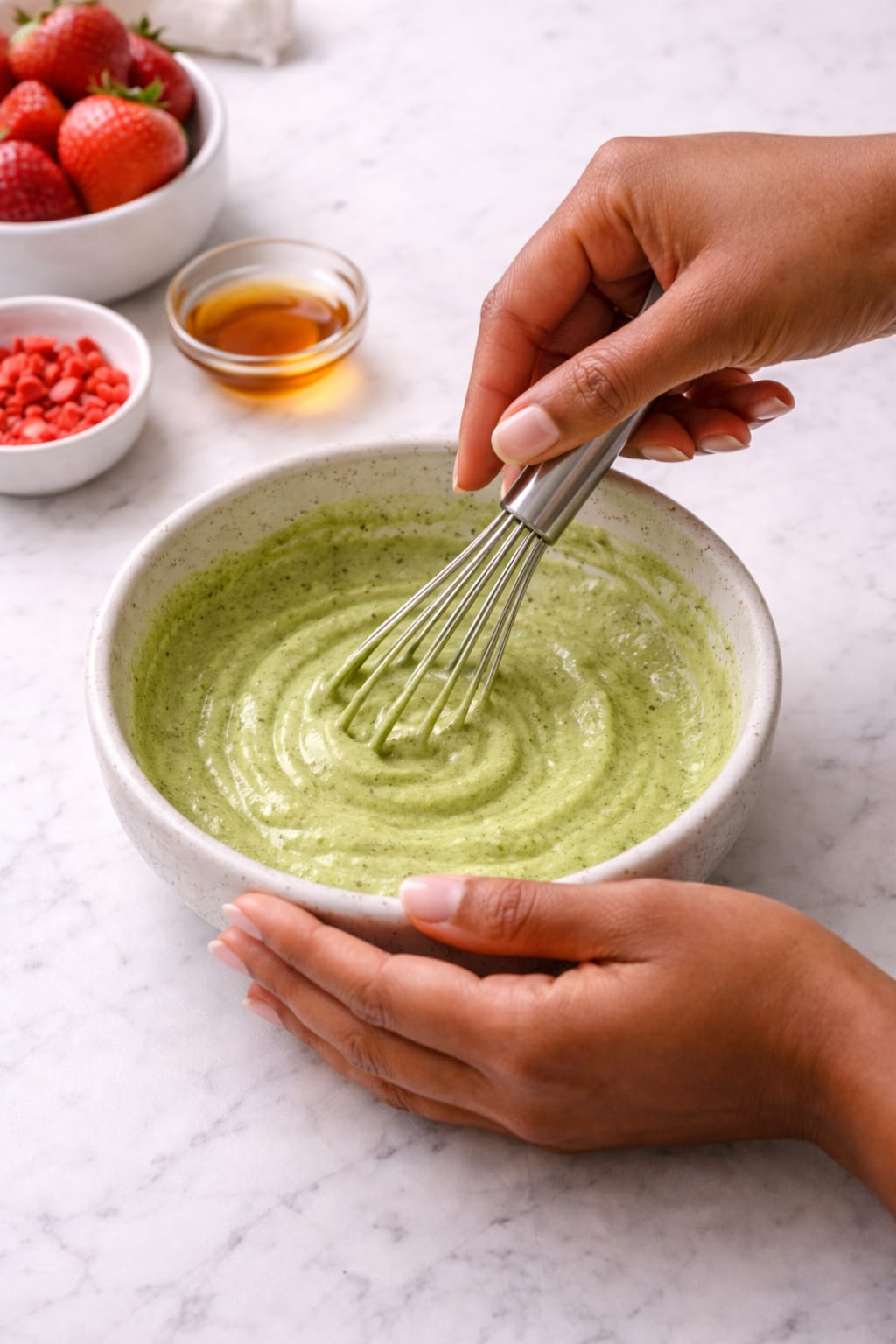 Whisking matcha yogurt filling until smooth