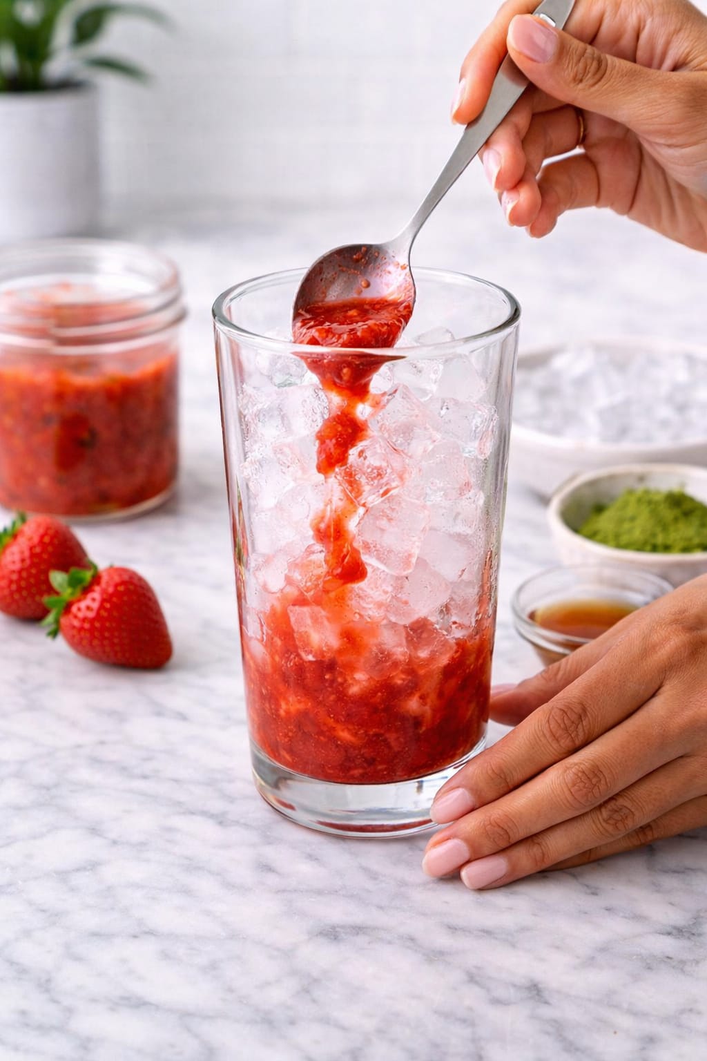 Adding strawberry purée to the bottom of a glass with ice
