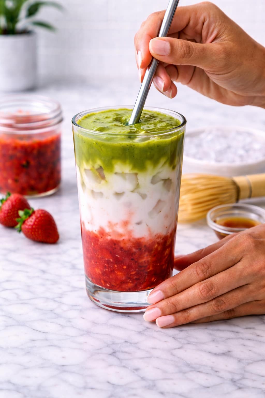 Finished iced strawberry matcha latte ready to serve