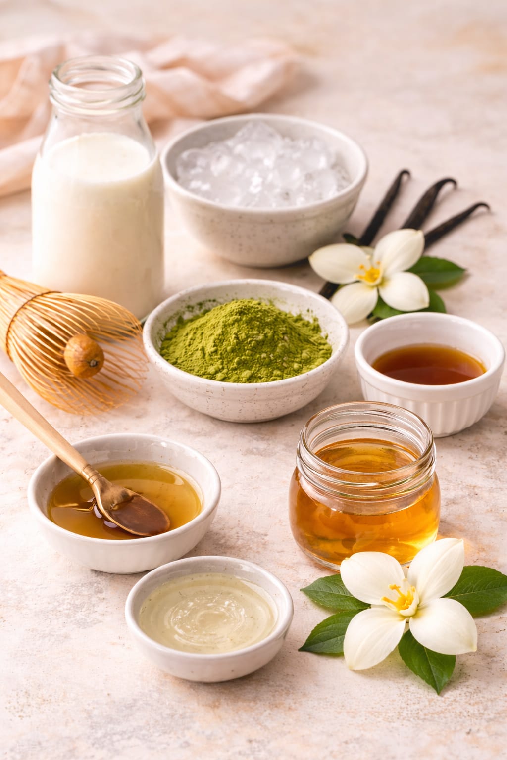 Ingredients for an iced vanilla matcha latte including matcha powder, vanilla extract, milk, sweetener, ice, and water