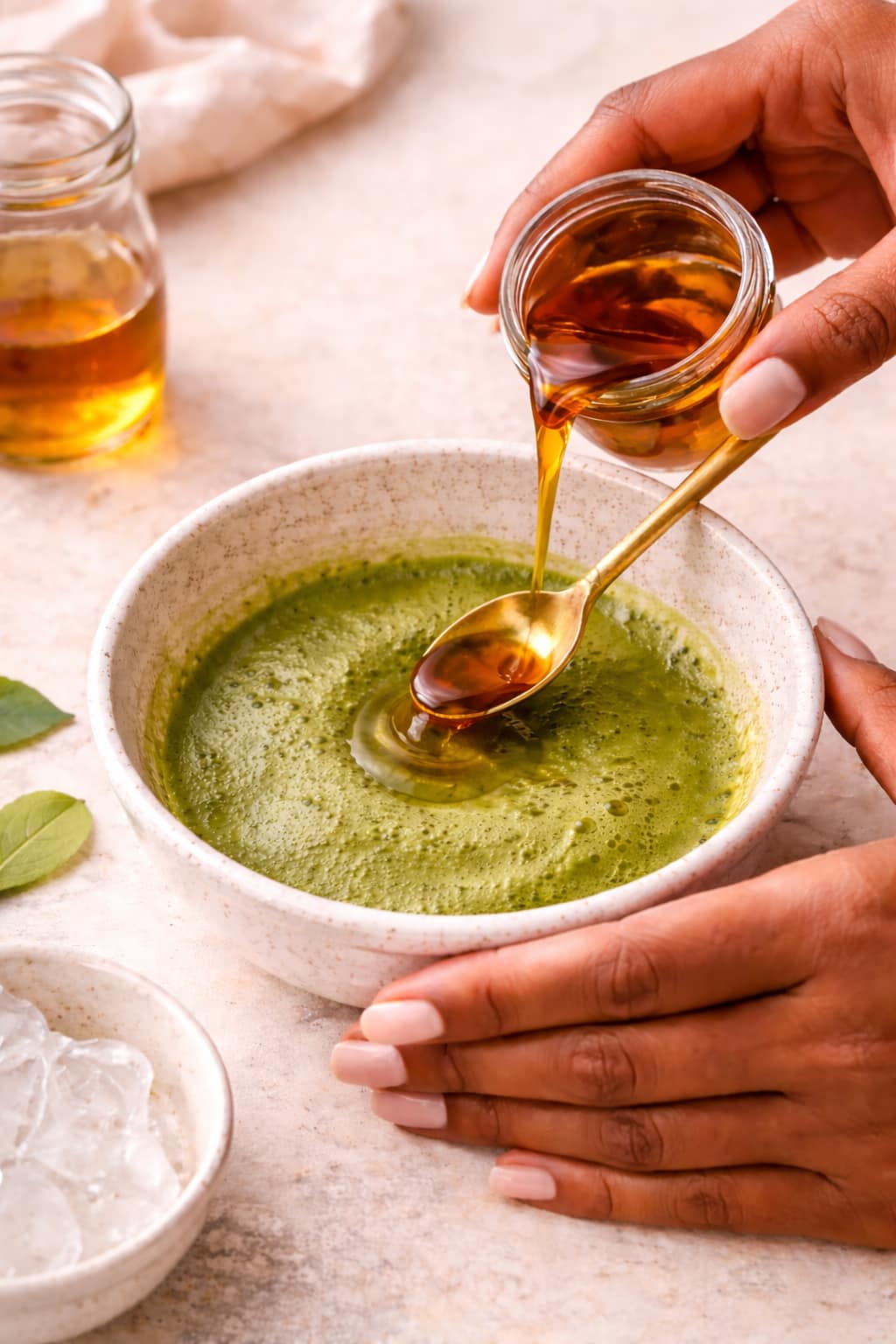 Adding vanilla to freshly whisked matcha