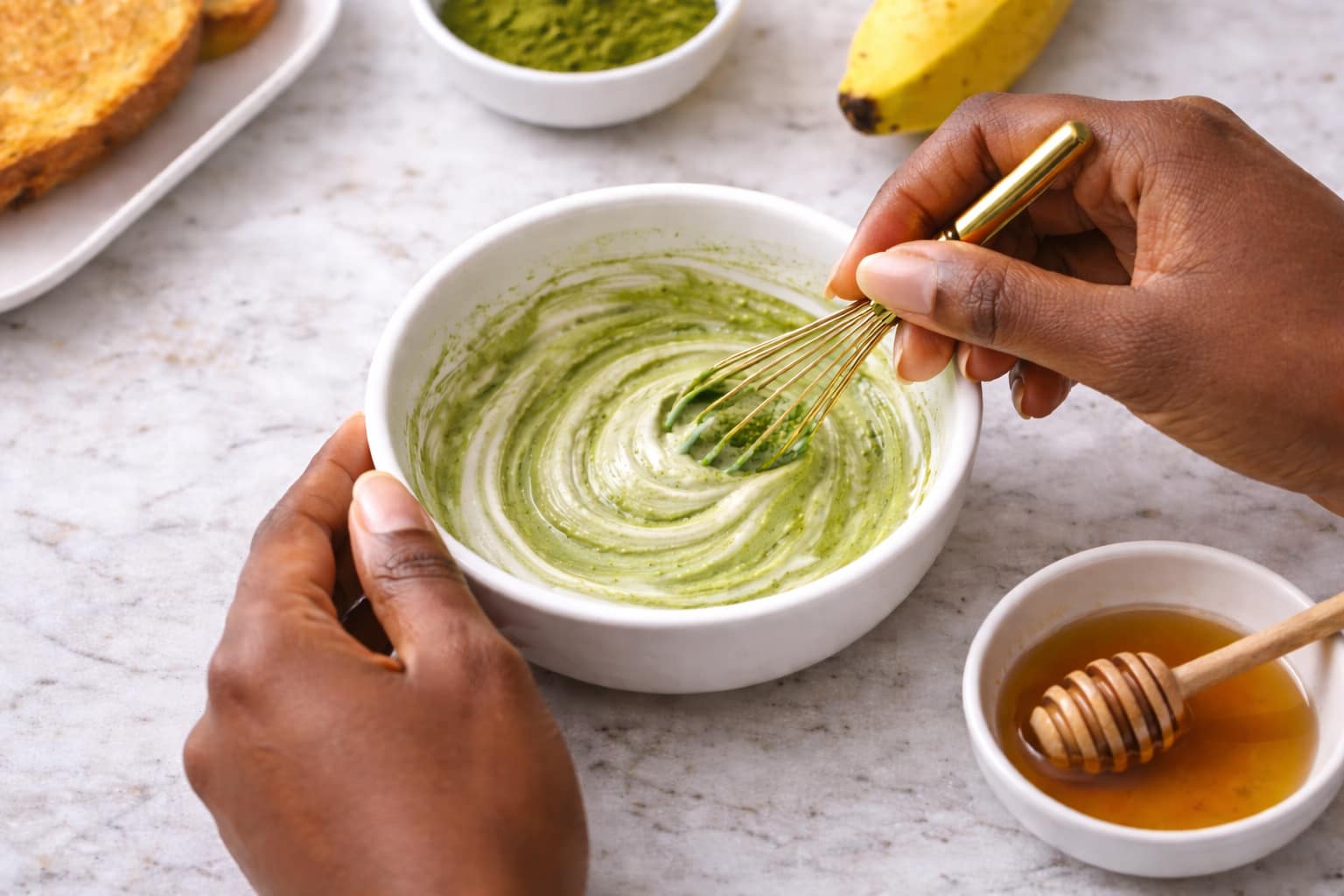 Step 2: Mixing matcha with yogurt for creamy matcha spread
