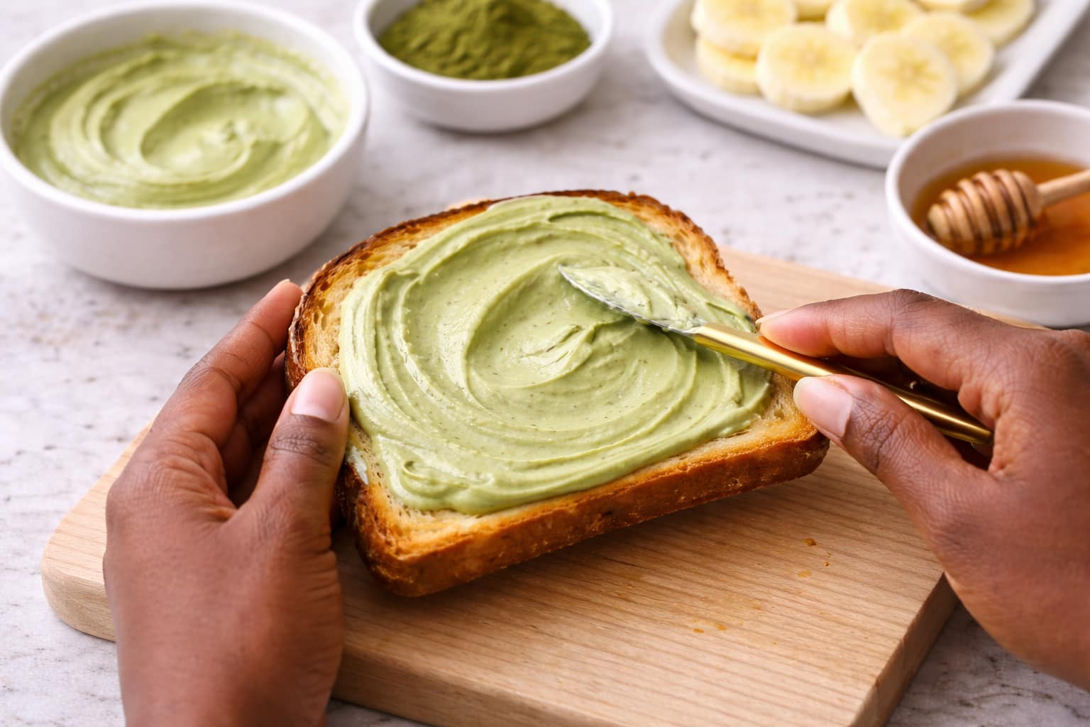 Step 4: Spreading matcha cream onto toast