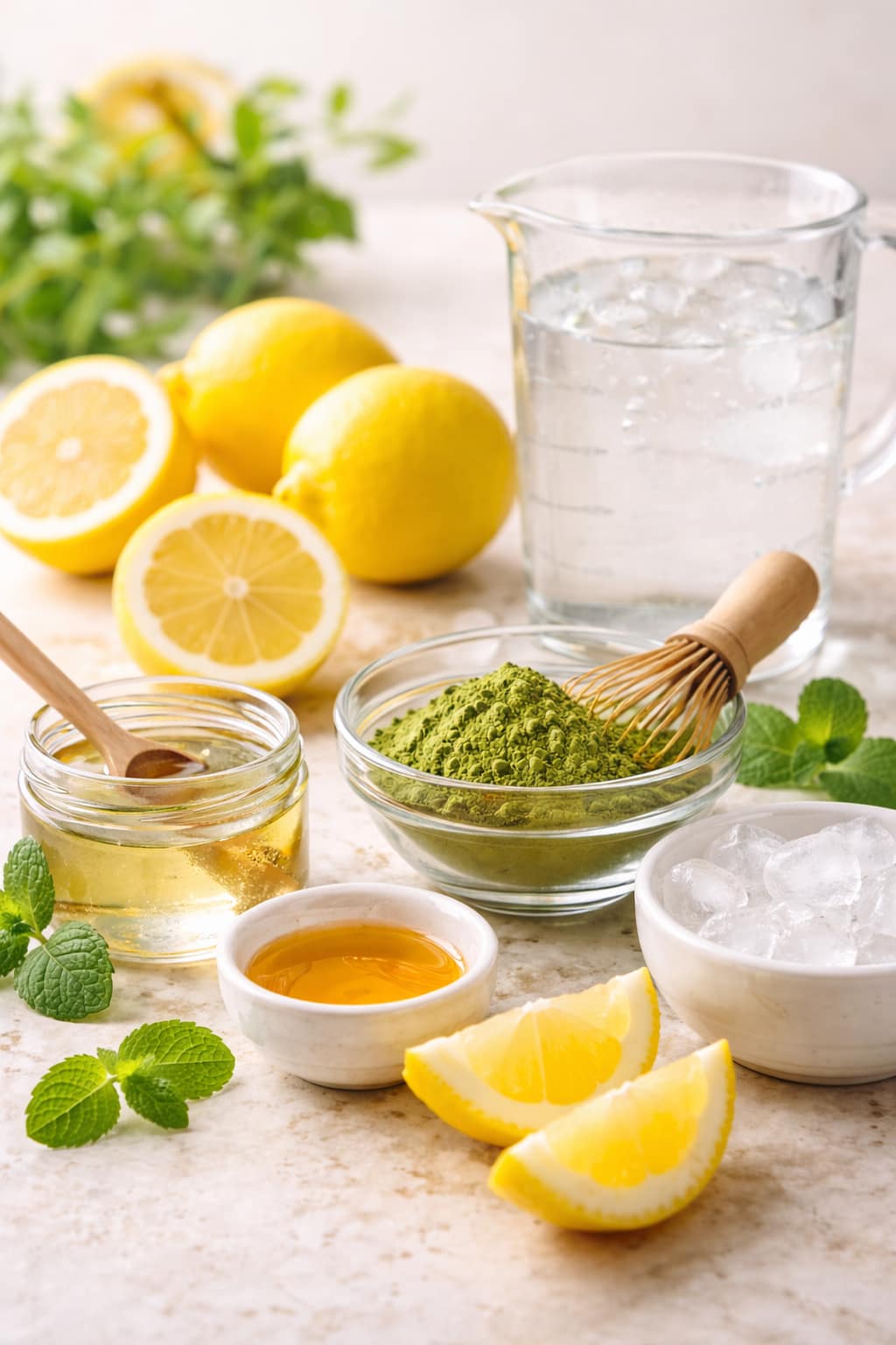 Ingredients for matcha lemonade including ceremonial-grade matcha, fresh lemons, water, ice, and sweetener