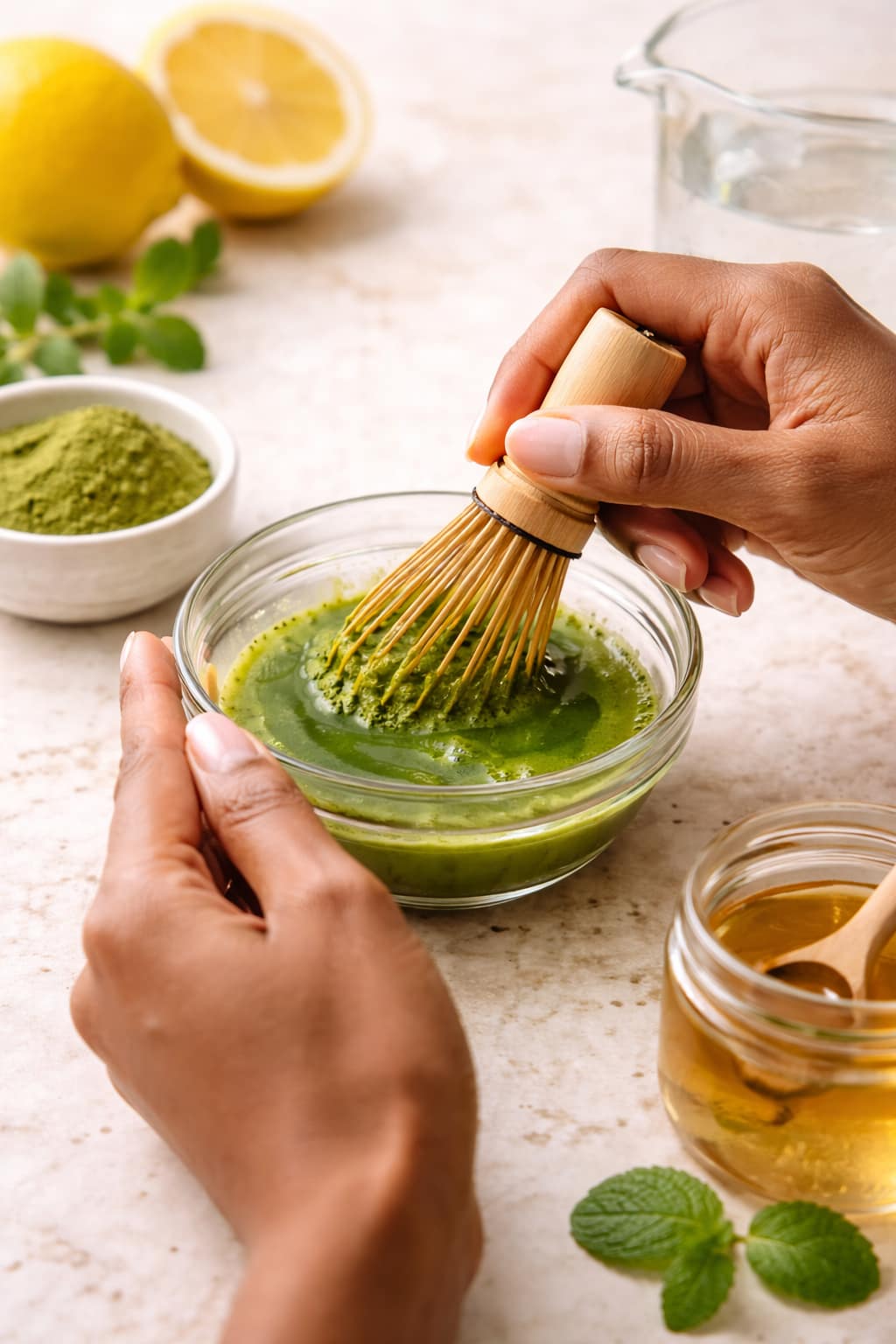 Whisking matcha powder with warm water until smooth and frothy