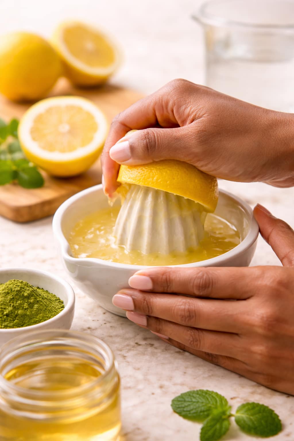 Freshly squeezed lemon juice for matcha lemonade