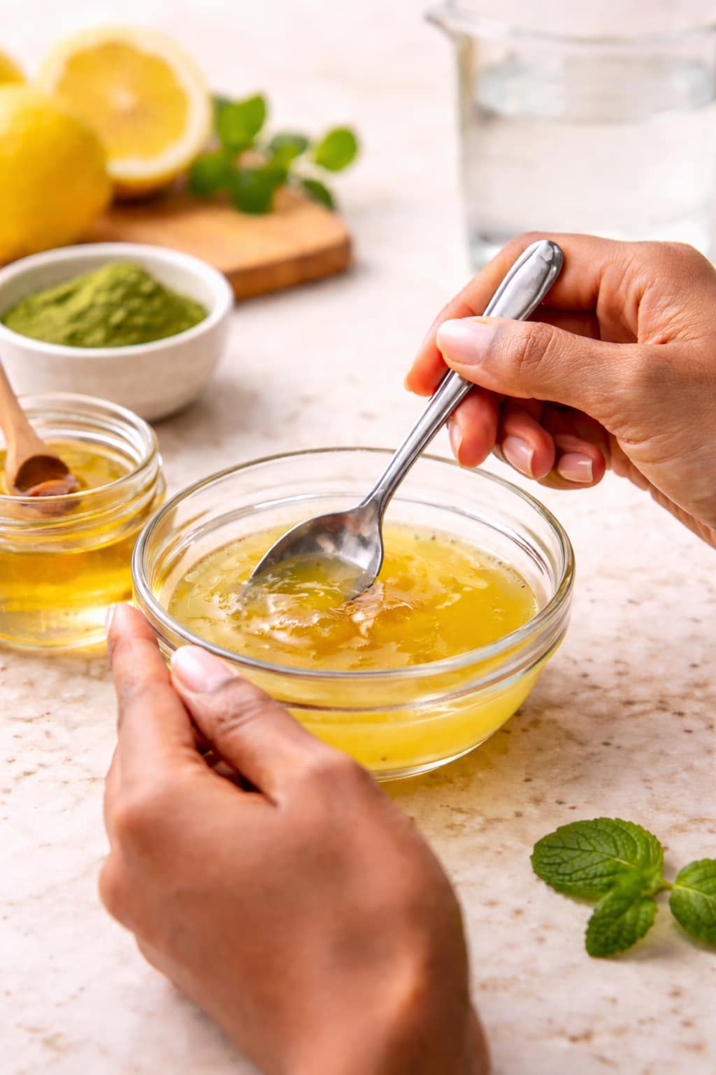 Mixing lemon juice with sweetener for lemonade base