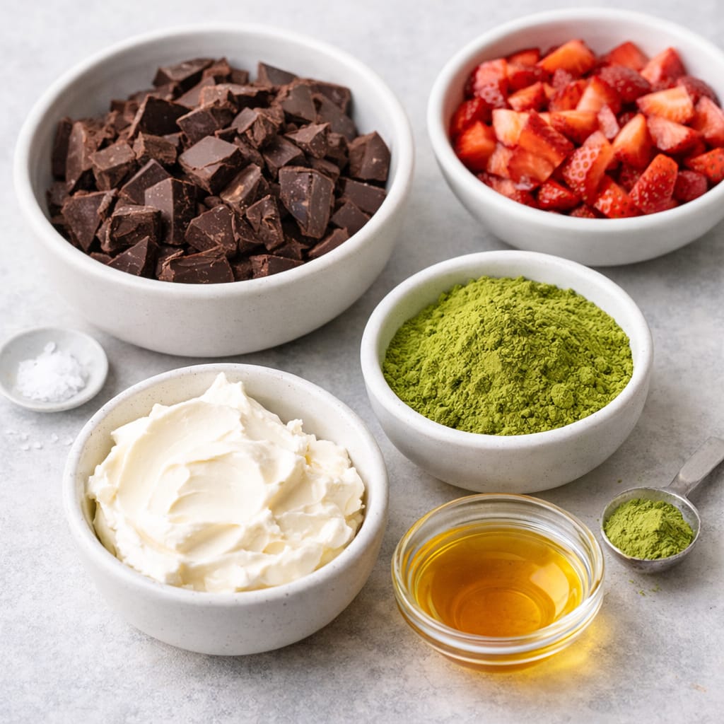 ingredients for matcha chocolate clusters including dark chocolate, matcha powder, cream cheese, and strawberries