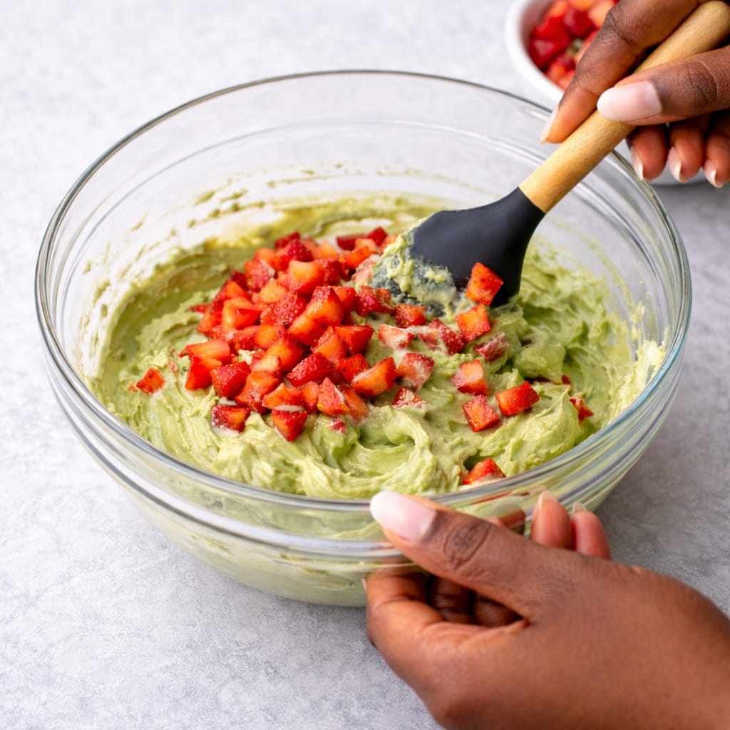 Folding strawberries into matcha filling