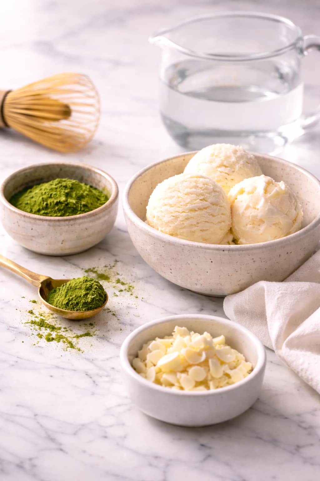 Ingredients for matcha affogato including ceremonial-grade matcha powder, hot water, and vanilla ice cream