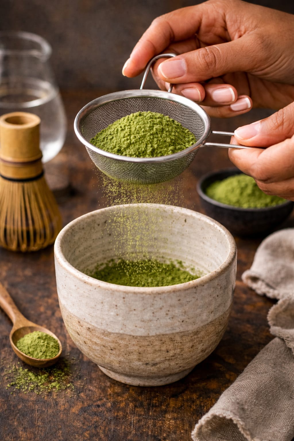 Sifting ceremonial grade matcha powder into a bowl