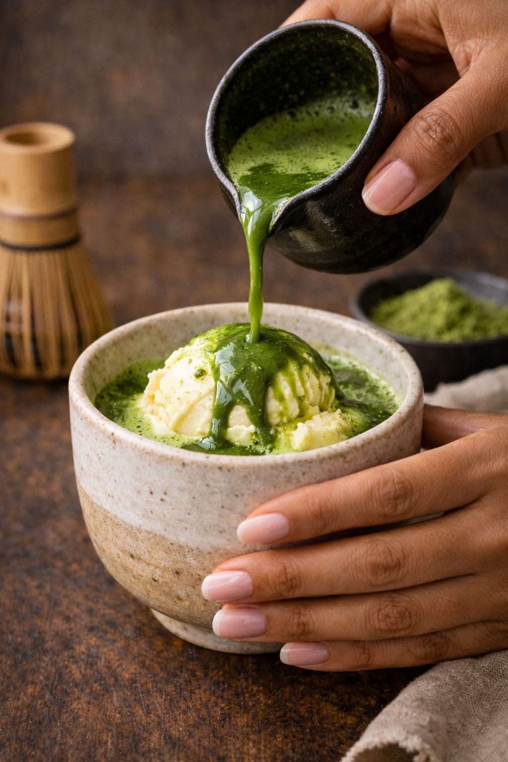 Pouring warm matcha over vanilla ice cream affogato
