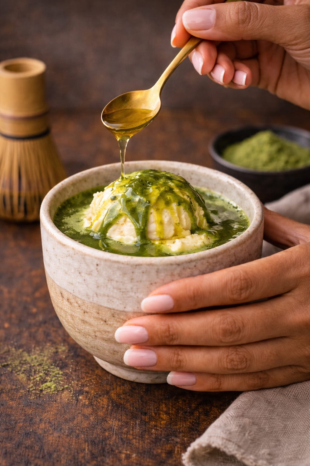 Finished matcha affogato served in ceramic cup