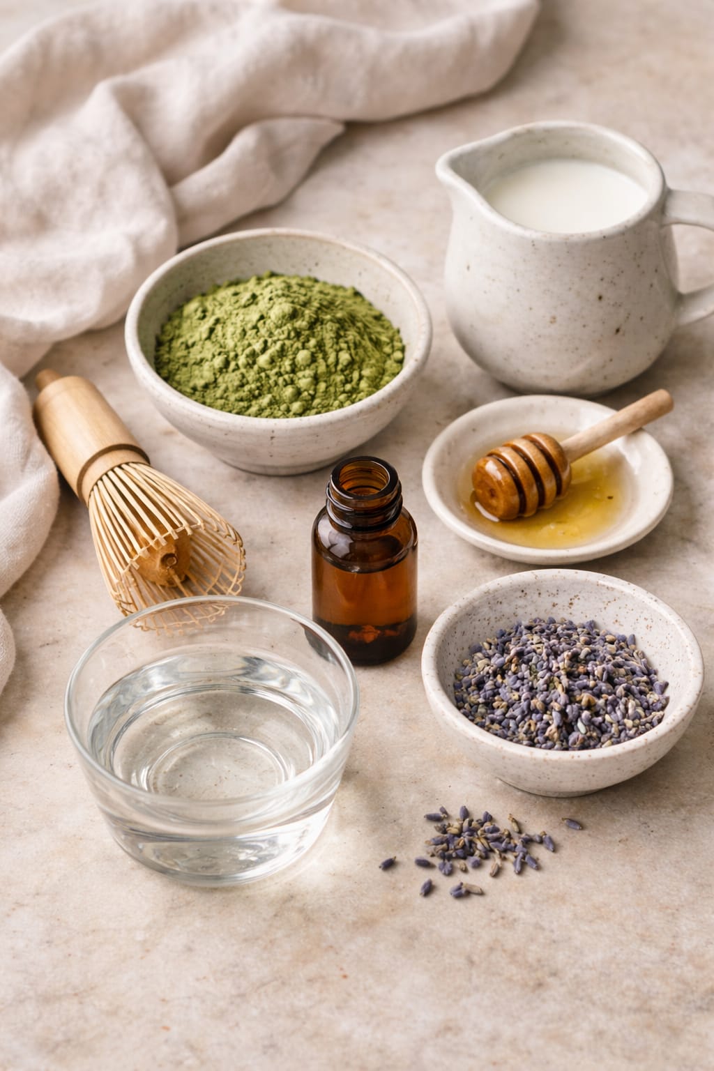 Ingredients for the Iris Matcha Latte including ceremonial matcha, lavender honey, milk, vanilla, and hot water
