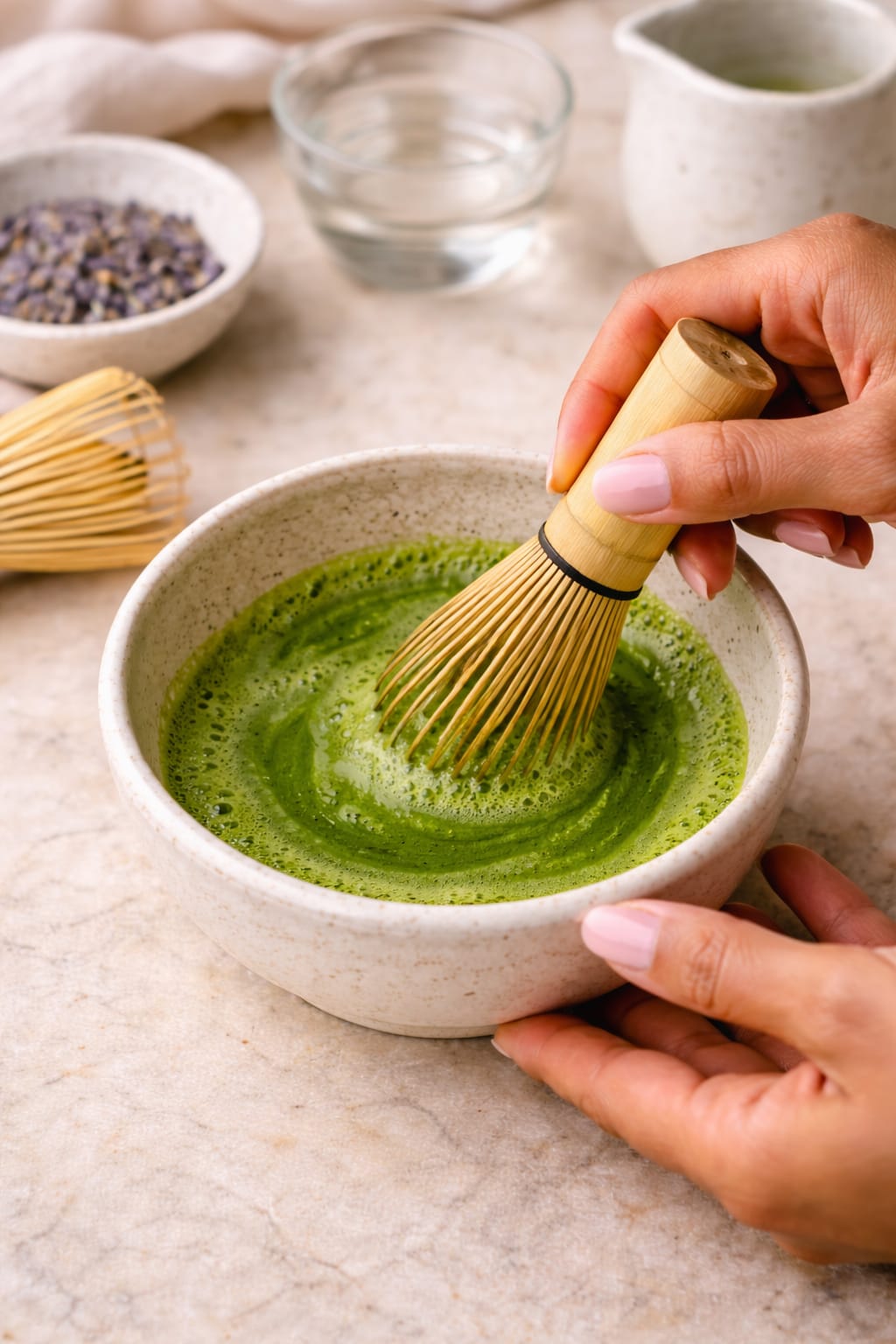 Step 2: Whisking matcha until smooth and foamy