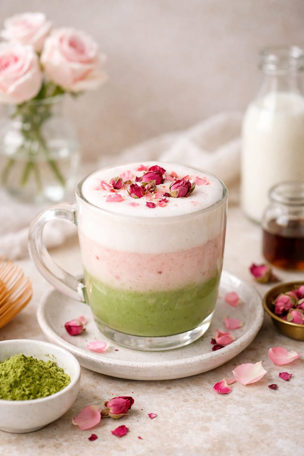 Creamy vanilla rose matcha latte with soft foam and floral notes