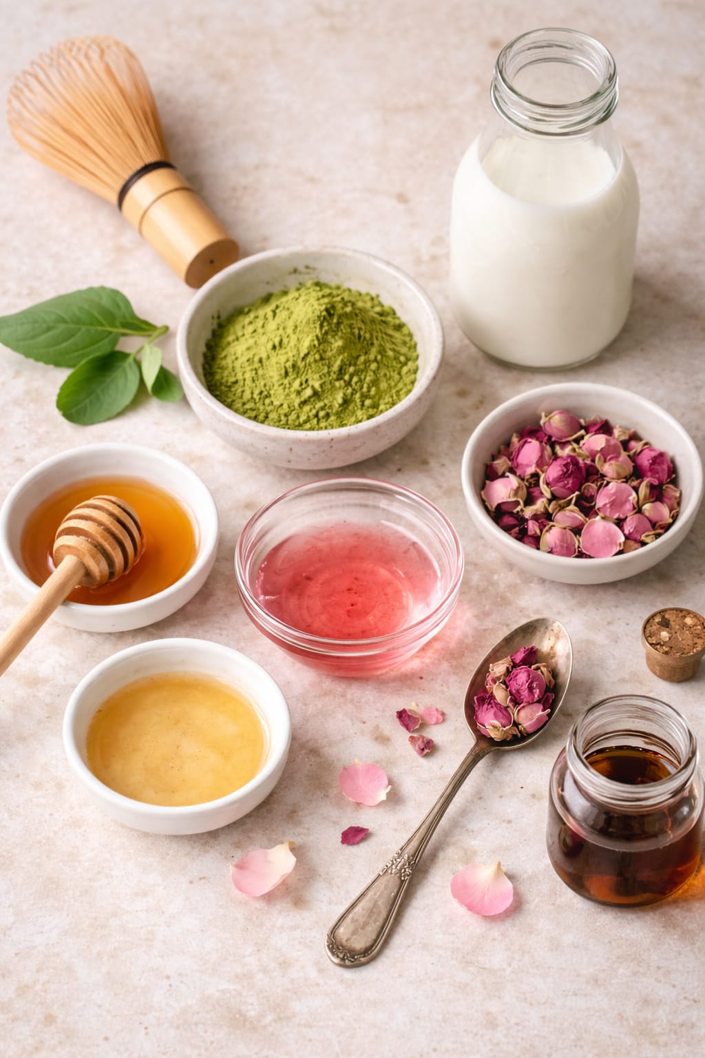 Ingredients for a vanilla rose matcha latte including matcha powder, milk, vanilla, rose syrup, and sweetener