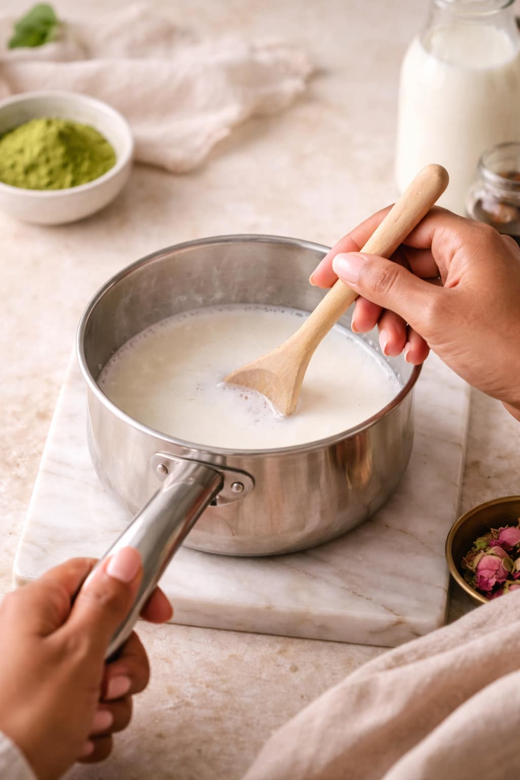 Step 1: Heating milk for vanilla rose matcha latte