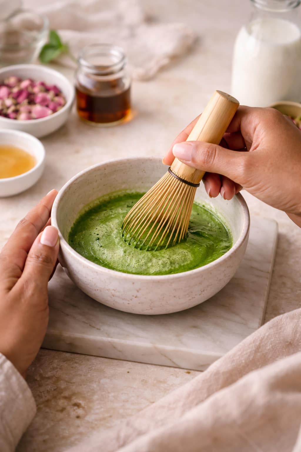 Step 2: Whisking matcha until smooth and frothy