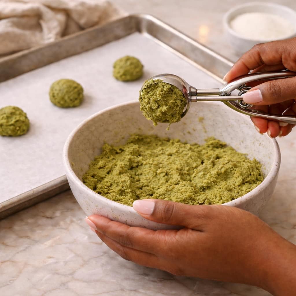 Step 5: Scooping matcha cookie dough onto baking sheet
