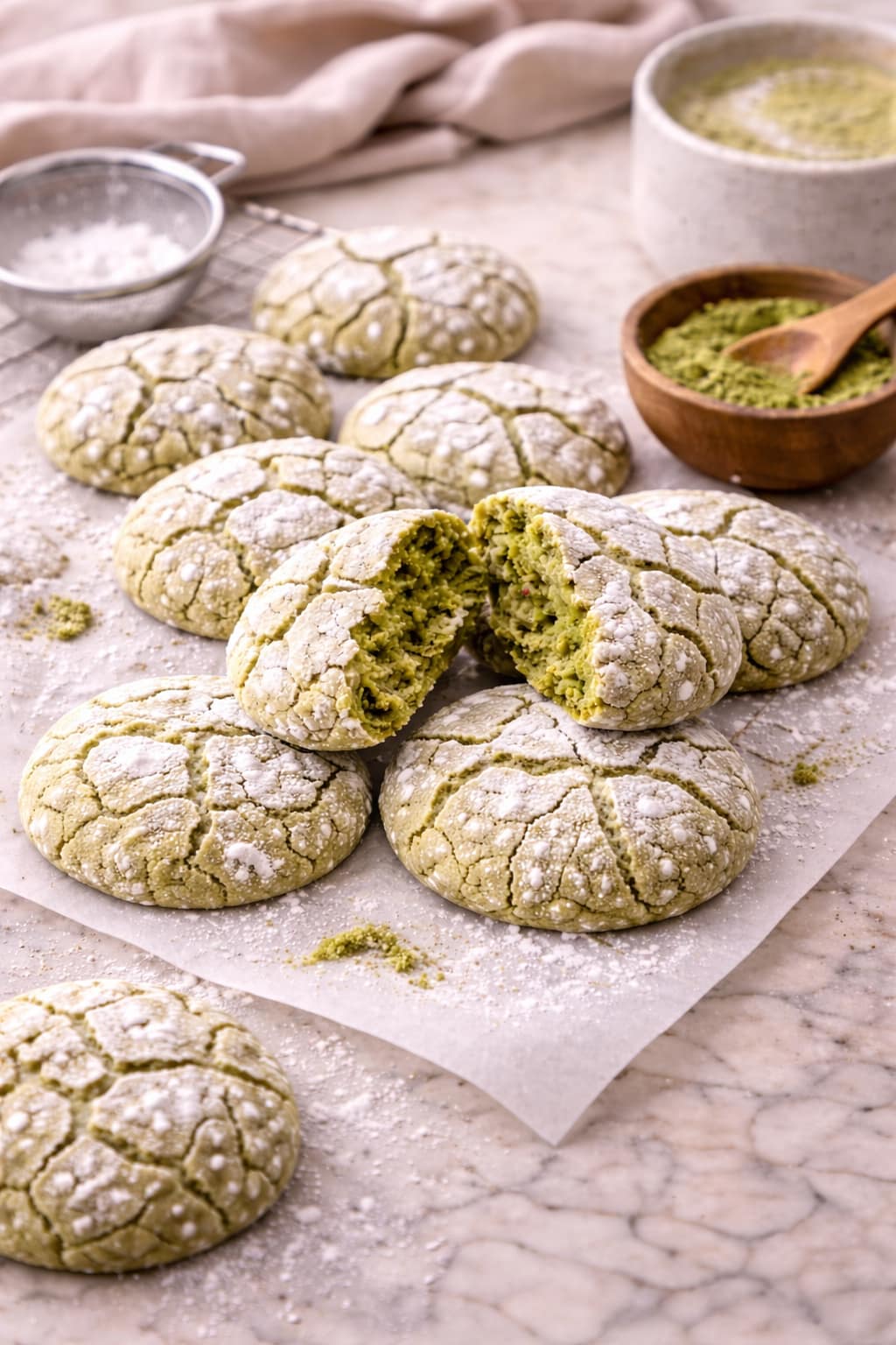 Soft and chewy matcha crinkle cookies dusted with powdered sugar