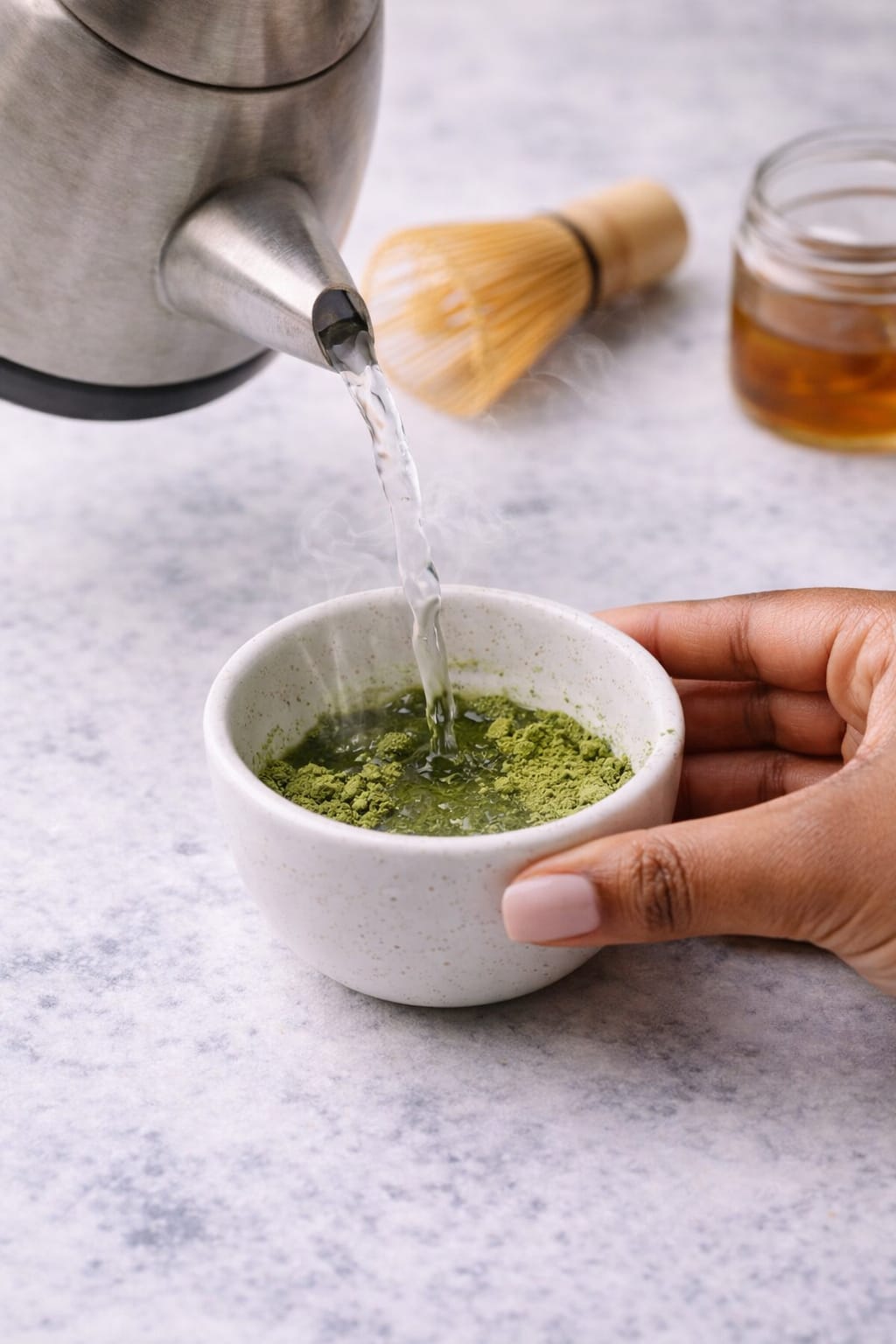 Step 1: Matcha powder in a small bowl with hot water for an iced matcha latte