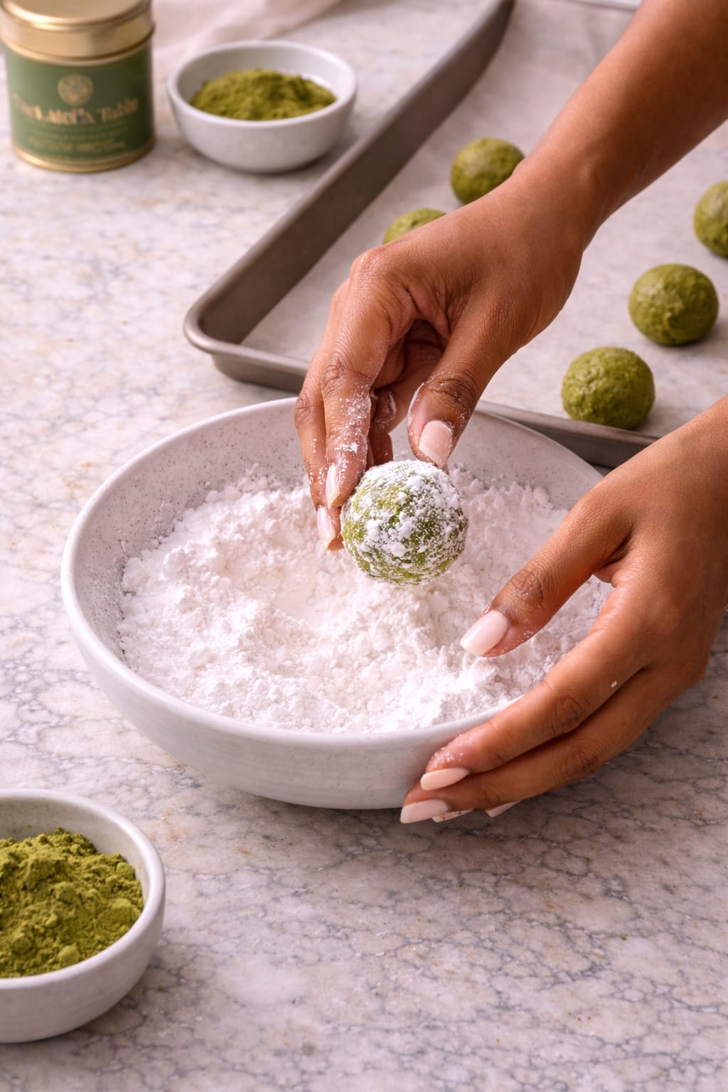 Step 5: Rolling matcha cookie dough in powdered sugar