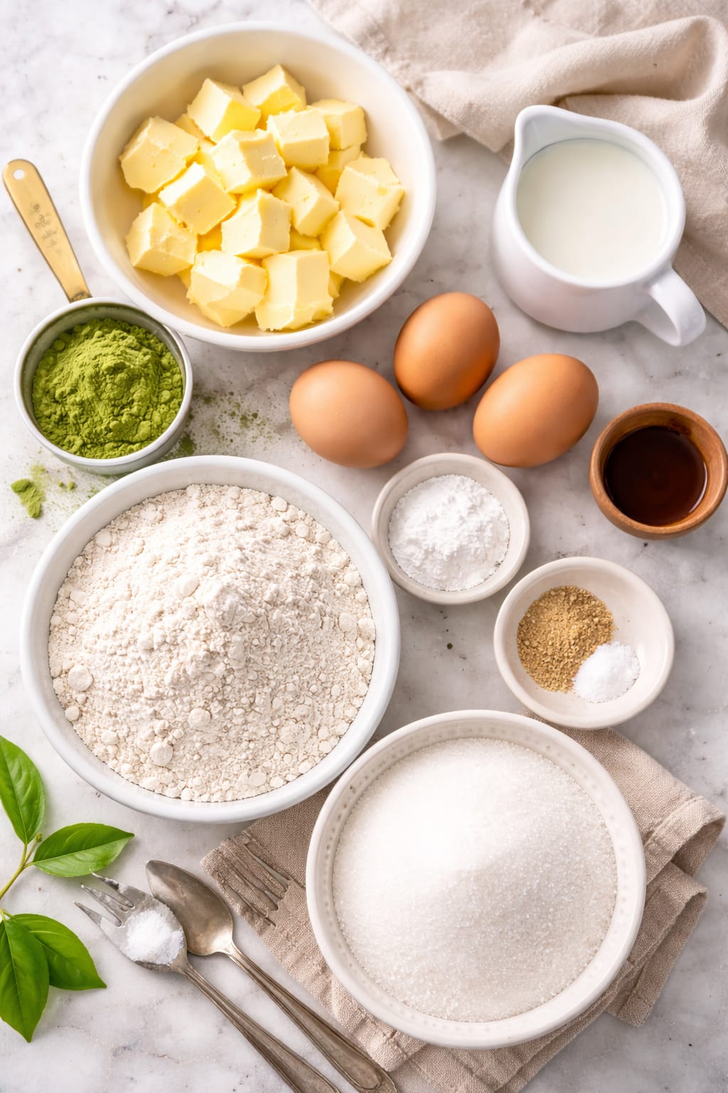 Ingredients for matcha pound cake including ceremonial-grade matcha, butter, sugar, eggs, flour, and vanilla
