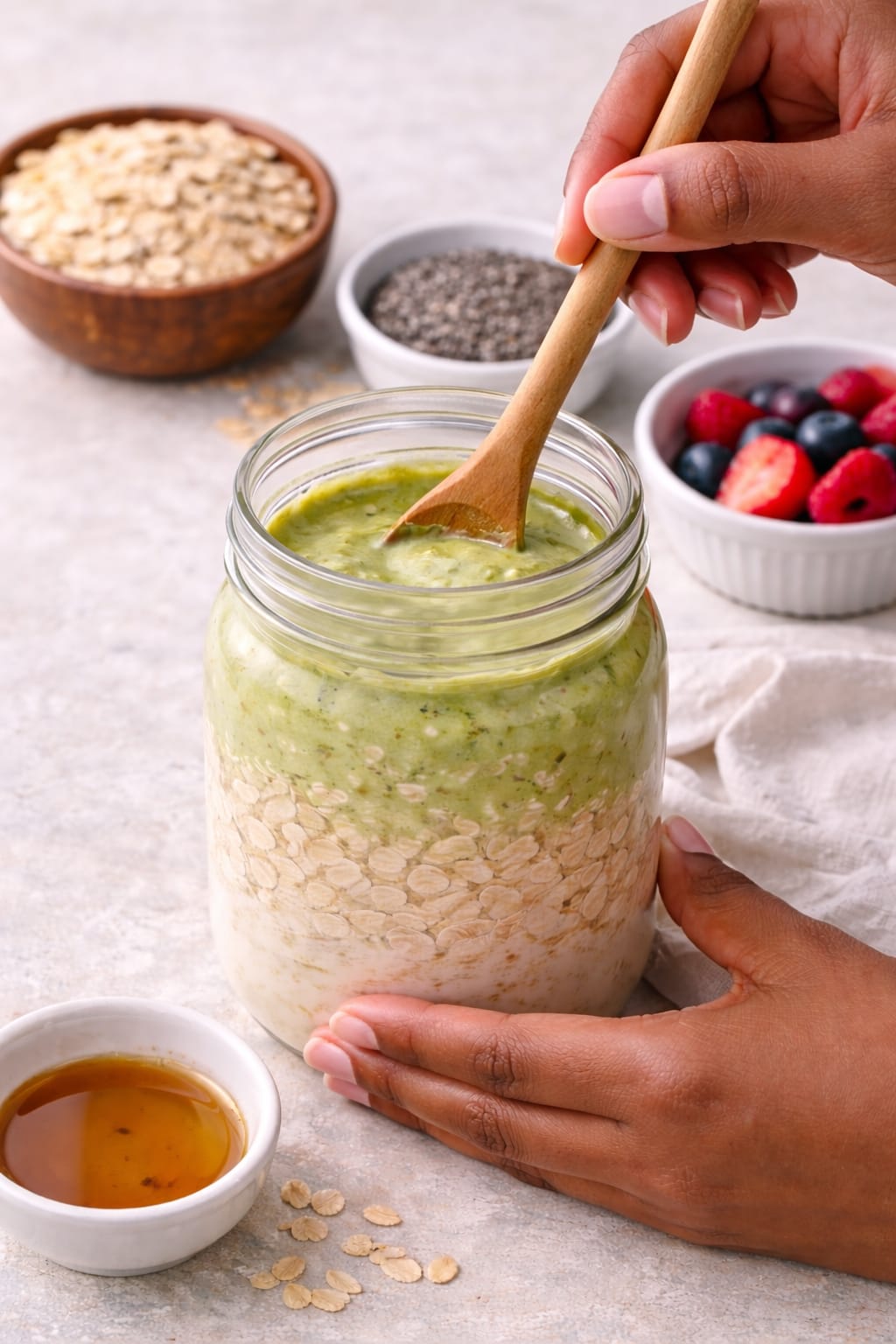 Step 2: Mixing matcha overnight oats until smooth and well combined