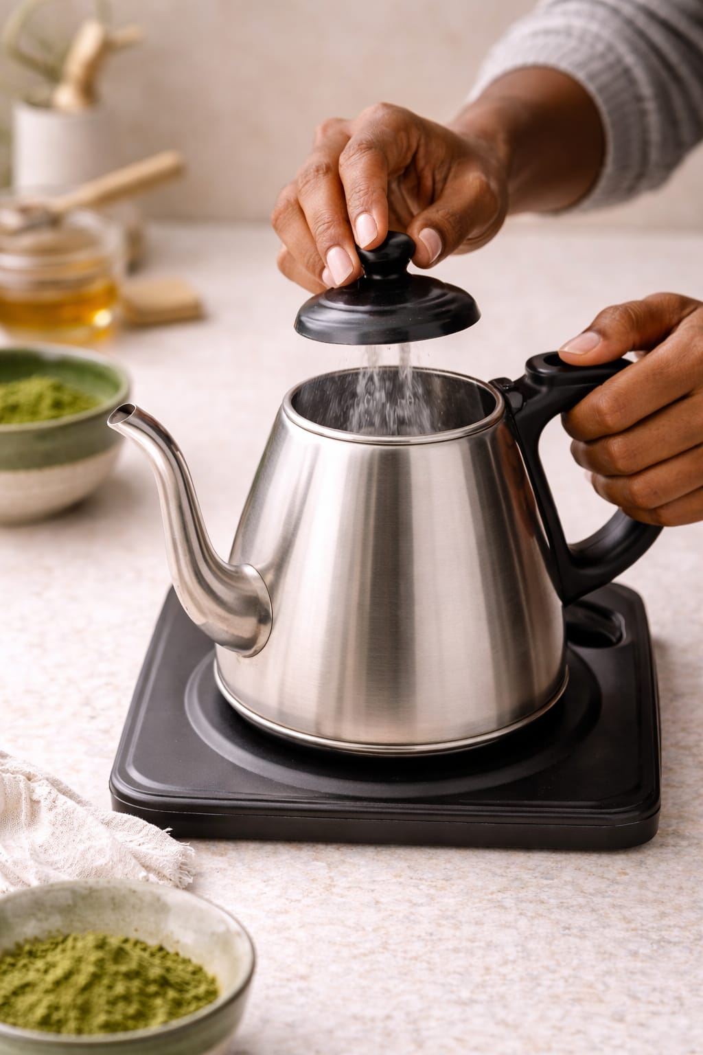 Step 1: Heating water for a matcha latte