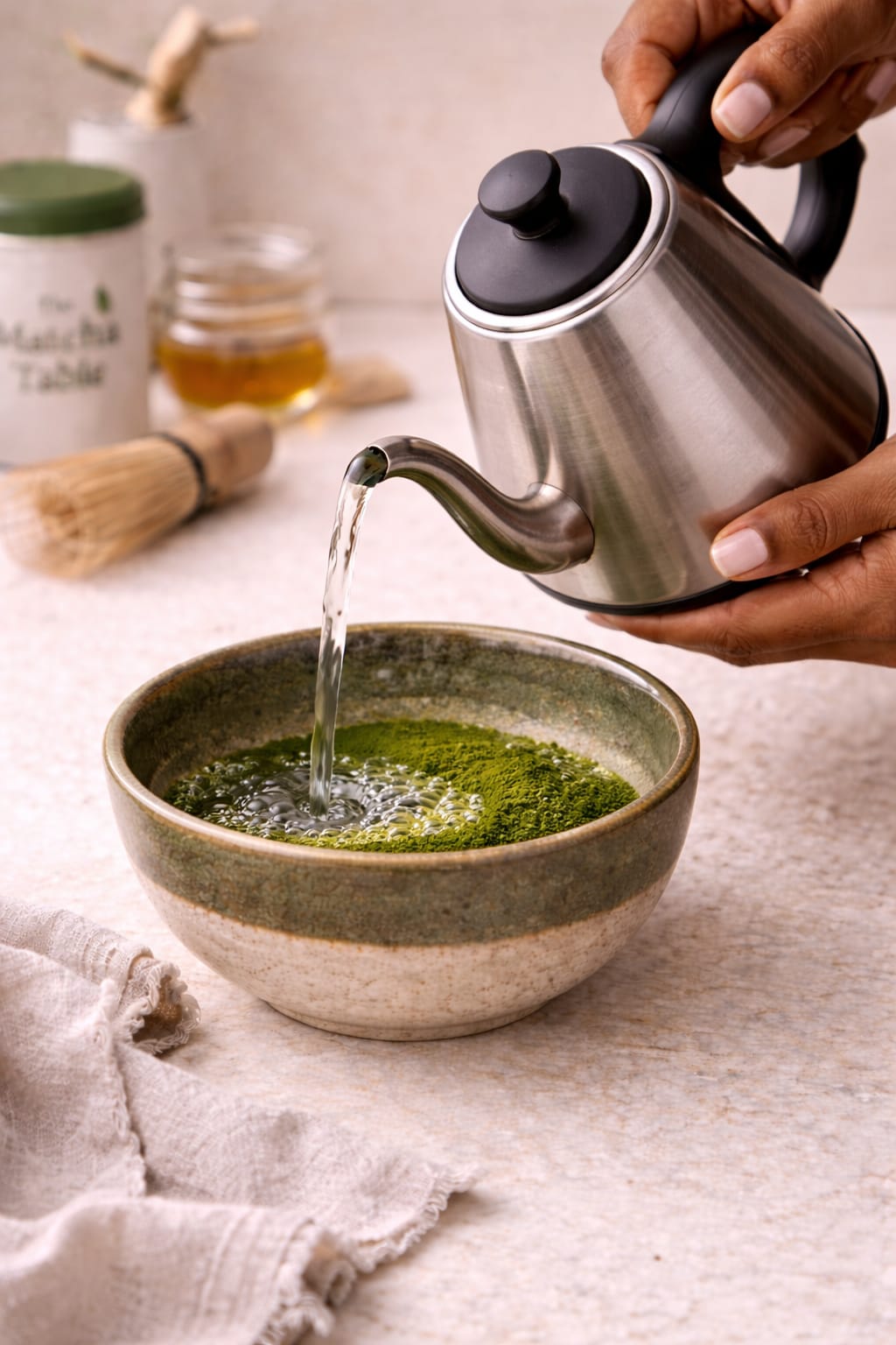 Step 3: Whisking matcha with hot water until smooth and frothy