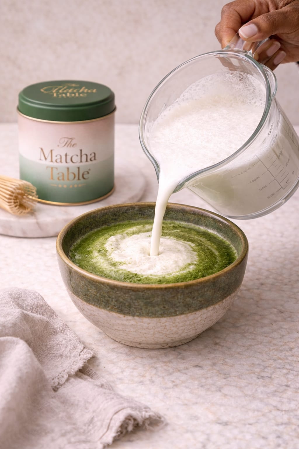 Step 5: Pouring milk into matcha