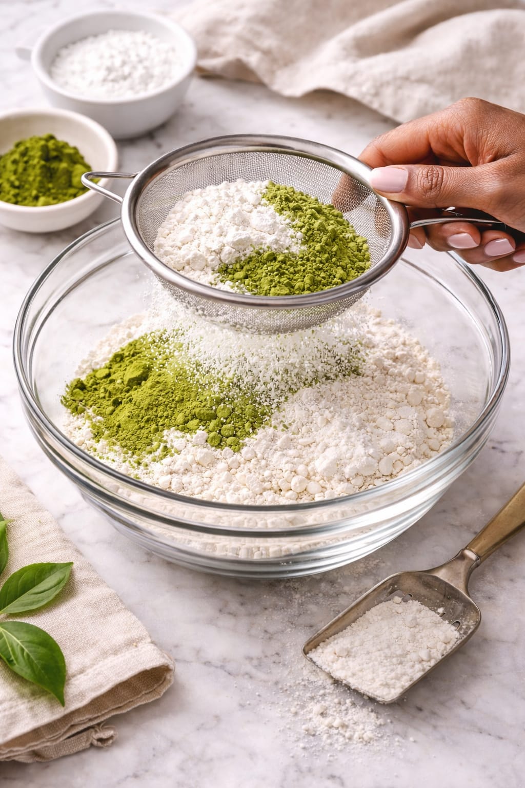 Sifting dry ingredients with matcha powder