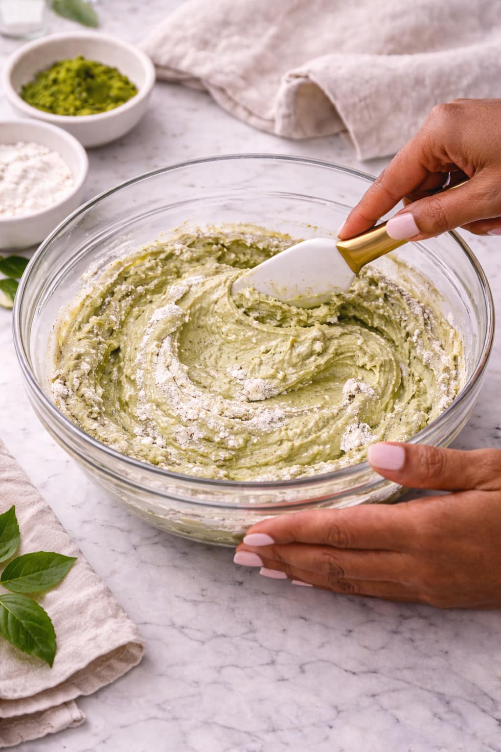Folding matcha batter until just combined