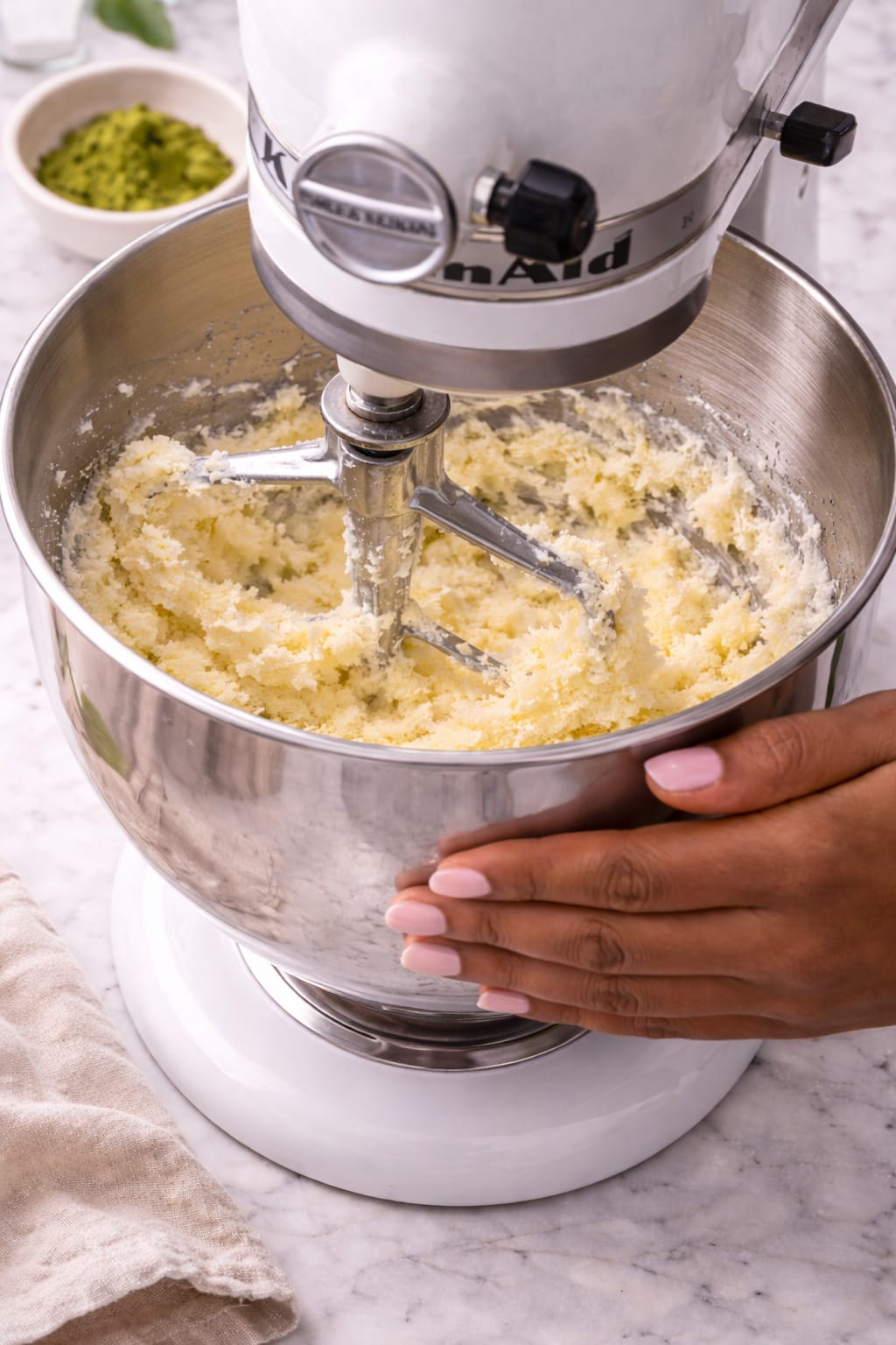 Creaming butter and sugar for matcha pound cake