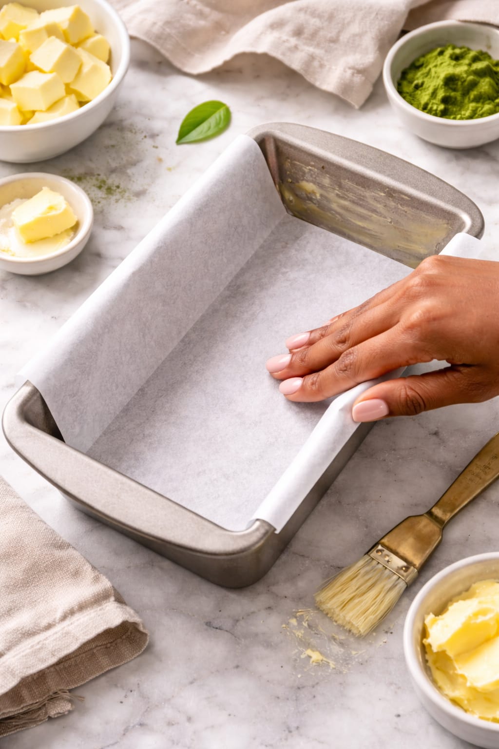 Preparing a loaf pan for matcha pound cake