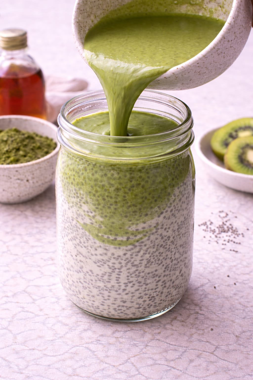 Step 3: Mixing matcha into chia pudding base