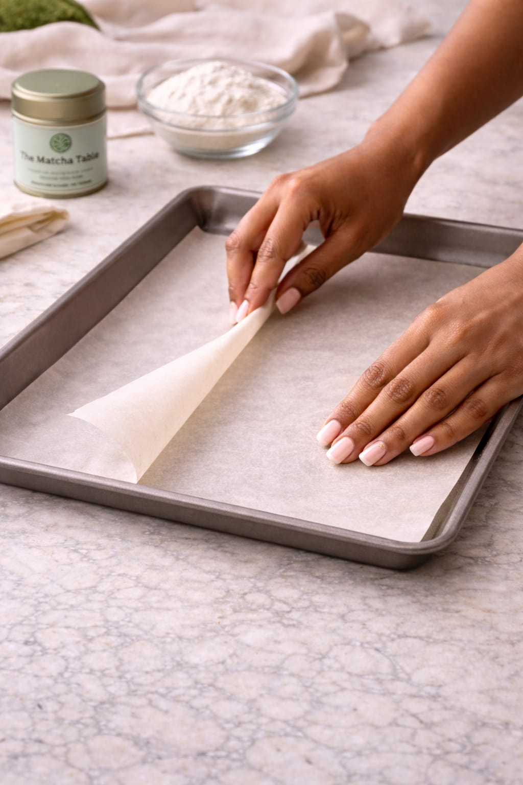Step 1: Lining a baking sheet for matcha crinkle cookies